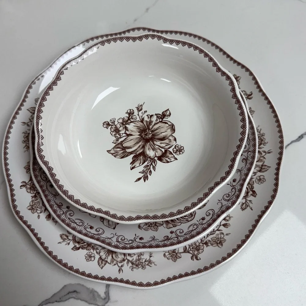 Elegant Floral Dinnerware Set of 3 pieces Pioneer Woman Agatha Brown
